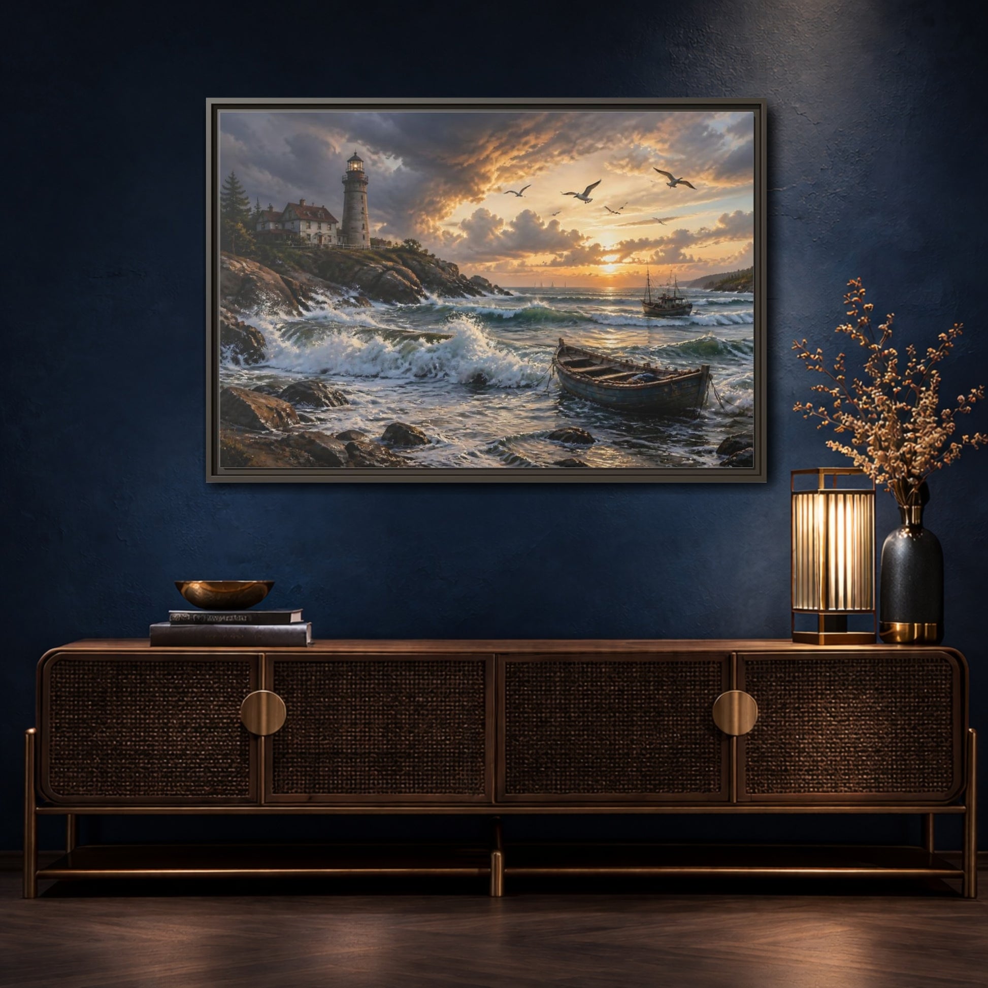 Mockup 4. Coastal Lighthouse At Sunset shown as framed canvas print