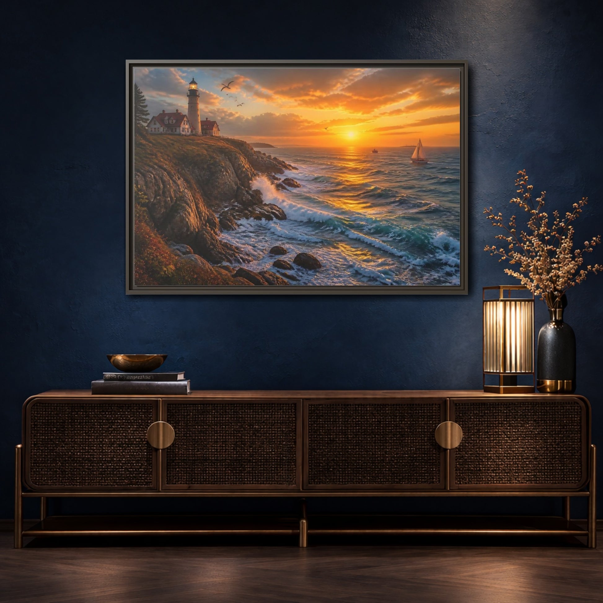 Mockup 4. Coastal Lighthouse At Sunset shown as framed canvas print