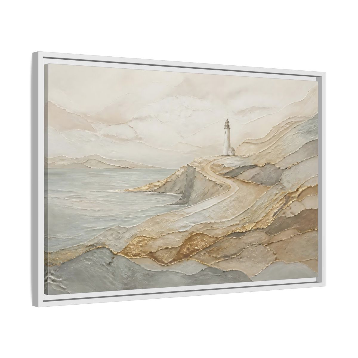 Side Mockup 10. Coastal Lighthouse Path shown as framed canvas print
