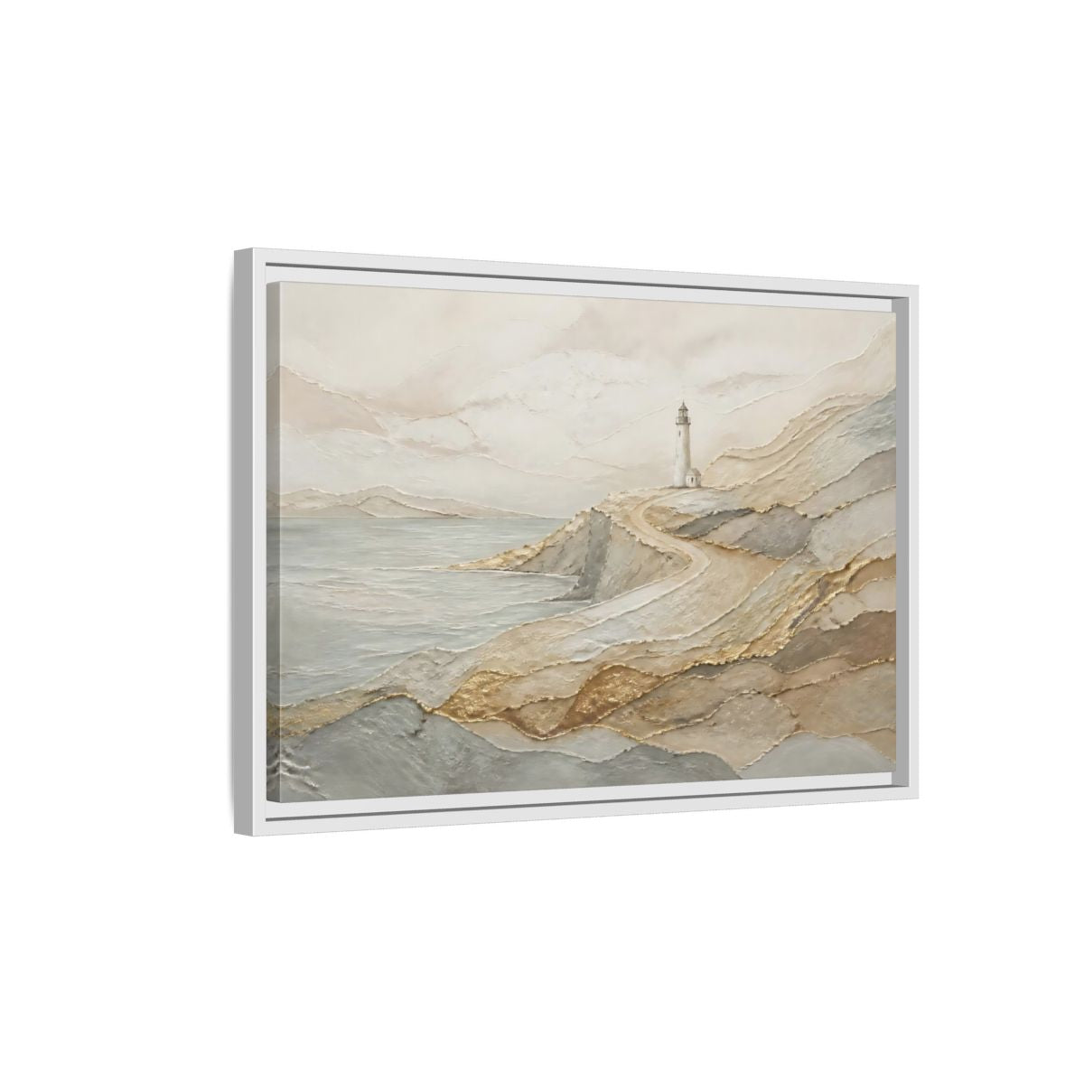 Side Mockup 1. Coastal Lighthouse Path shown as framed canvas print