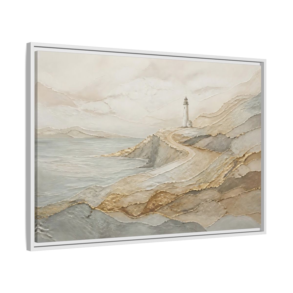 Side Mockup 9. Coastal Lighthouse Path shown as framed canvas print