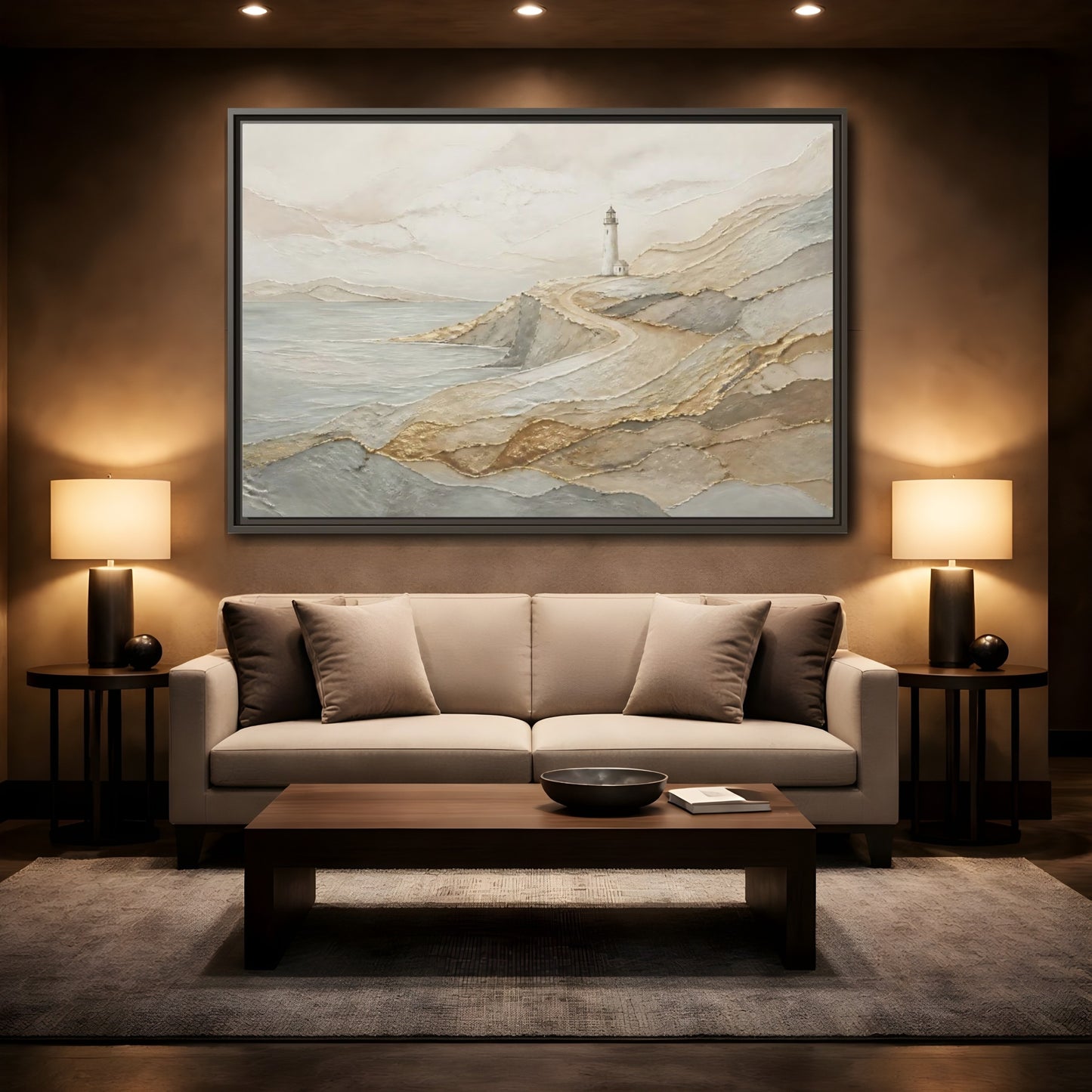 Mockup 2. Coastal Lighthouse Path shown as framed canvas print