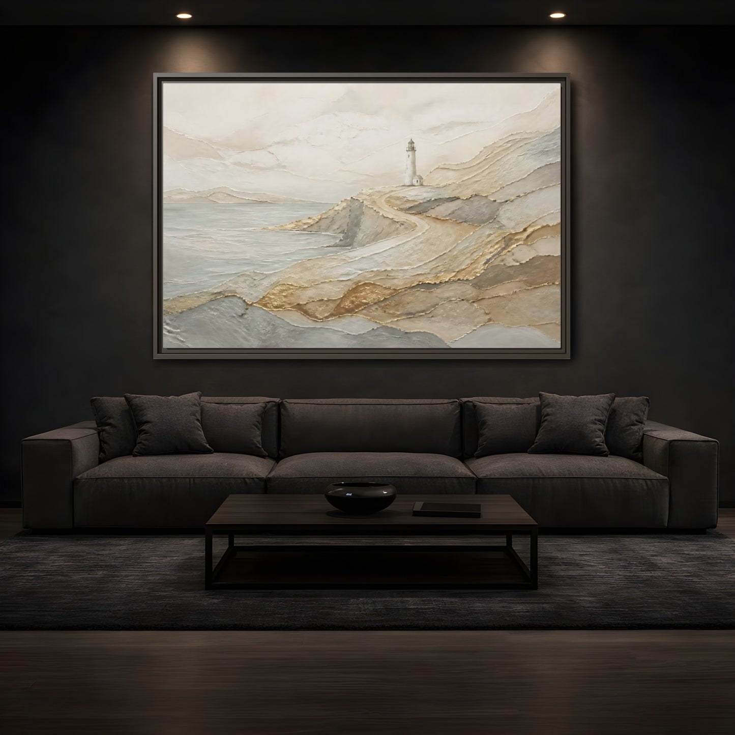 Mockup 3. Coastal Lighthouse Path shown as framed canvas print