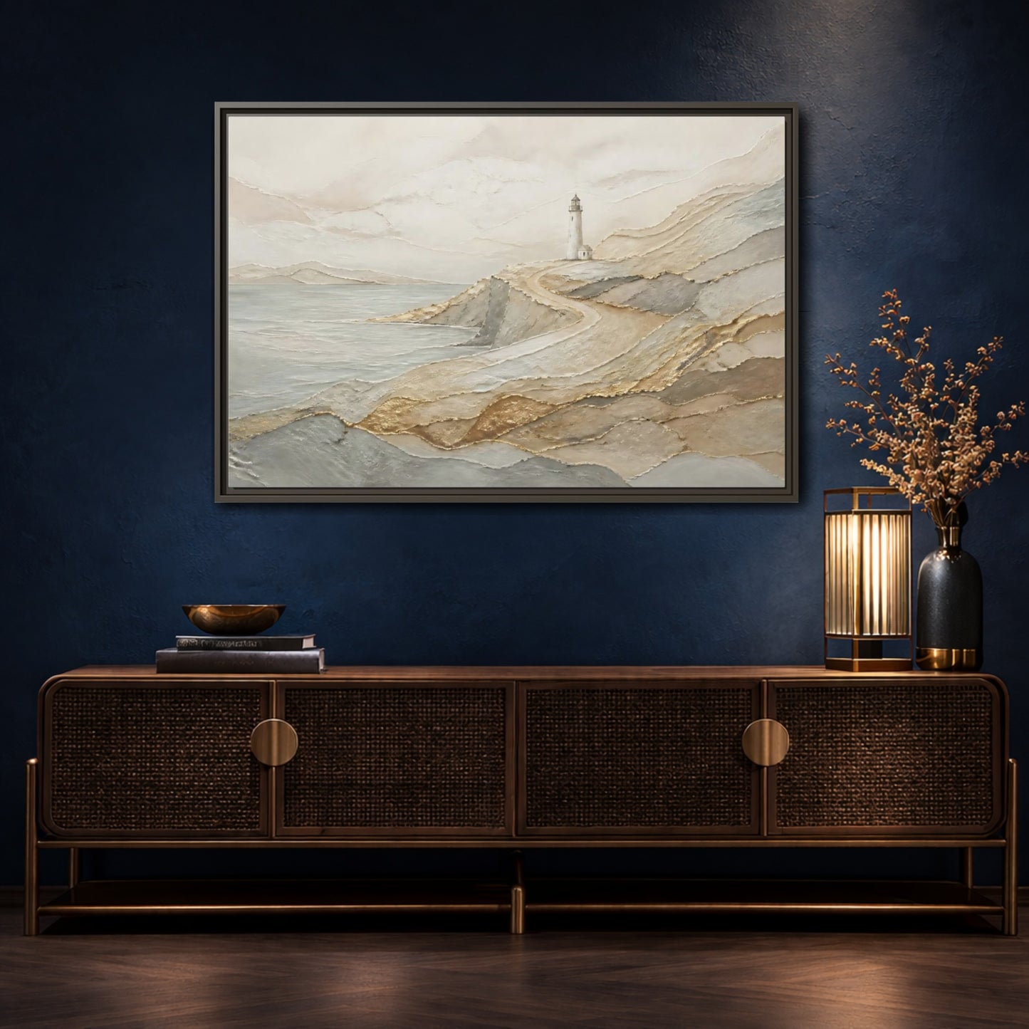 Mockup 4. Coastal Lighthouse Path shown as framed canvas print
