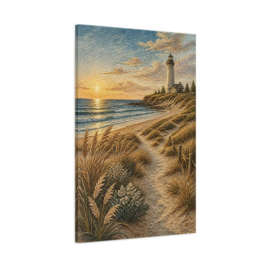 Main Mockup. Coastal Lighthouse Sunset shown as canvas print
