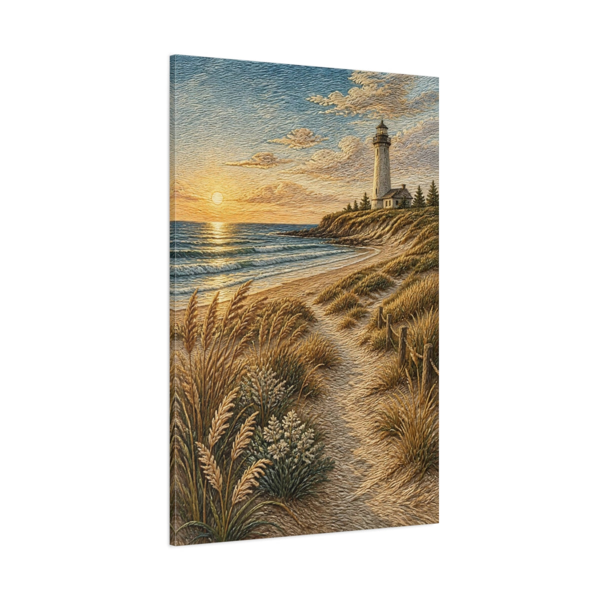 Side Mockup 1. Coastal Lighthouse Sunset shown as canvas print
