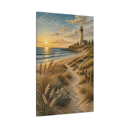 Side Mockup 1. Coastal Lighthouse Sunset shown as canvas print