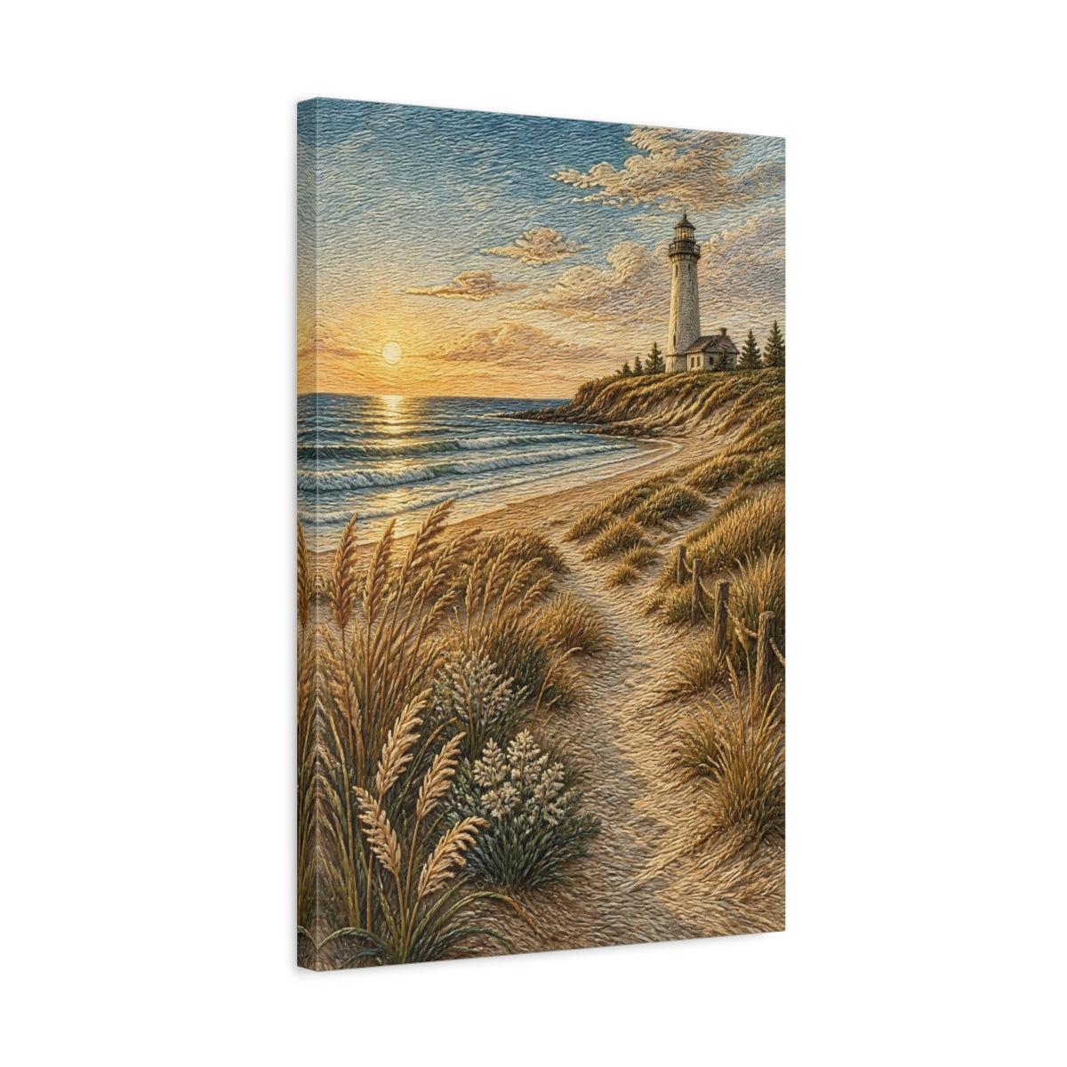 Side Mockup 3. Coastal Lighthouse Sunset shown as canvas print