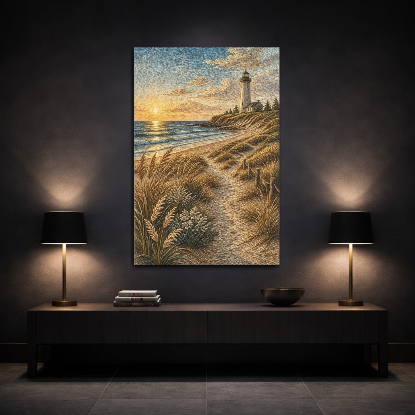 Mockup 3. Coastal Lighthouse Sunset shown as canvas print