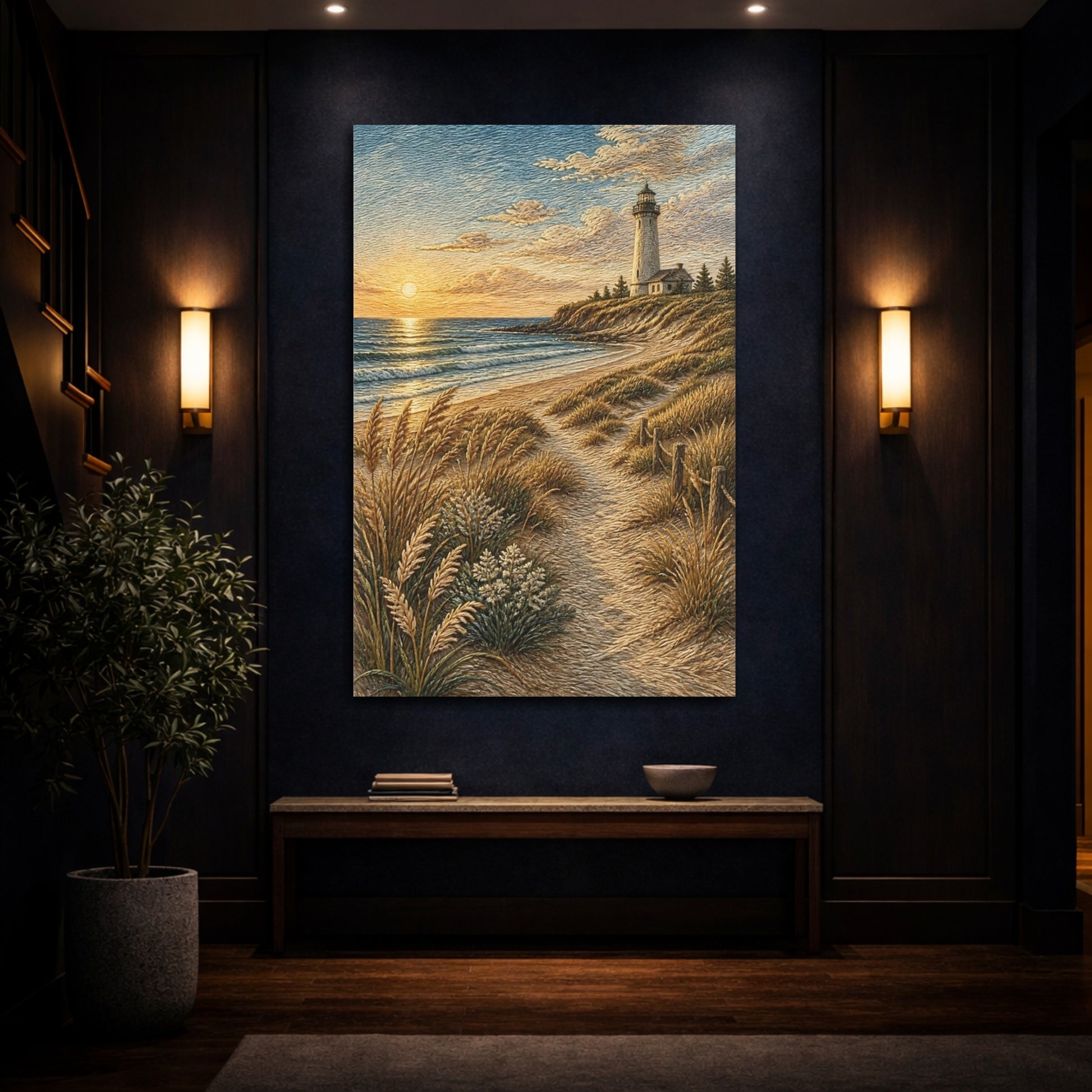 Mockup 4. Coastal Lighthouse Sunset shown as canvas print