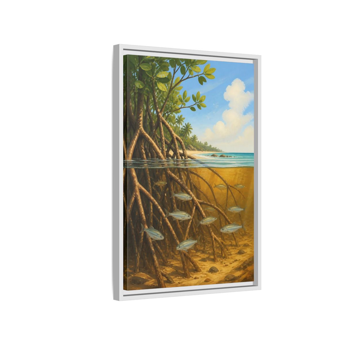 Side Mockup 1. Coastal Mangrove Roots shown as framed canvas print
