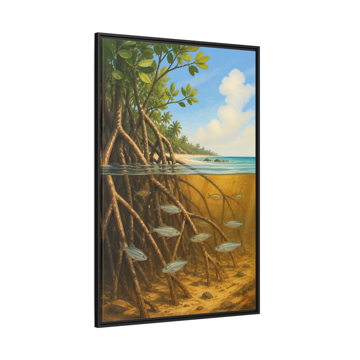 Side Mockup 12. Coastal Mangrove Roots shown as framed canvas print