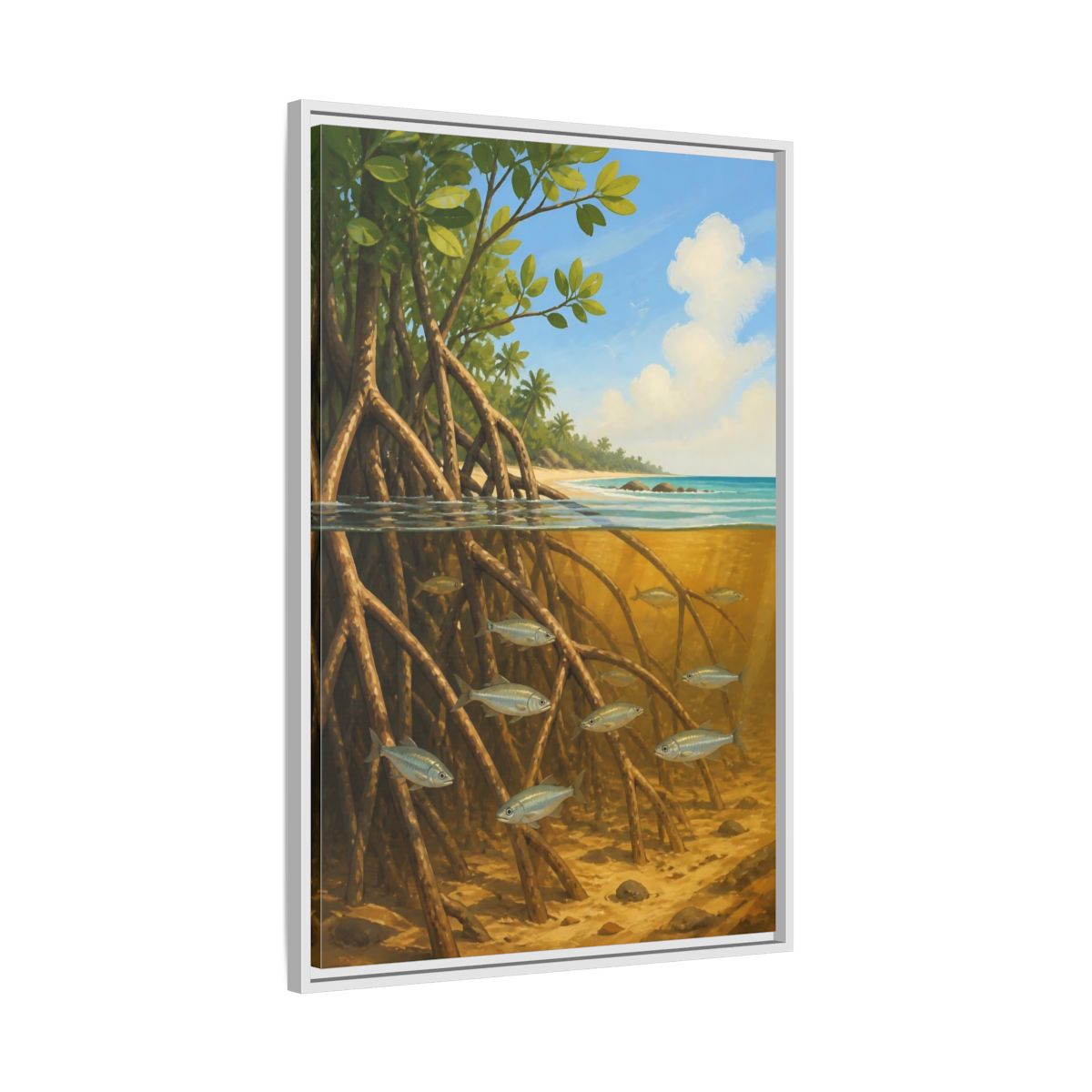 Side Mockup 9. Coastal Mangrove Roots shown as framed canvas print