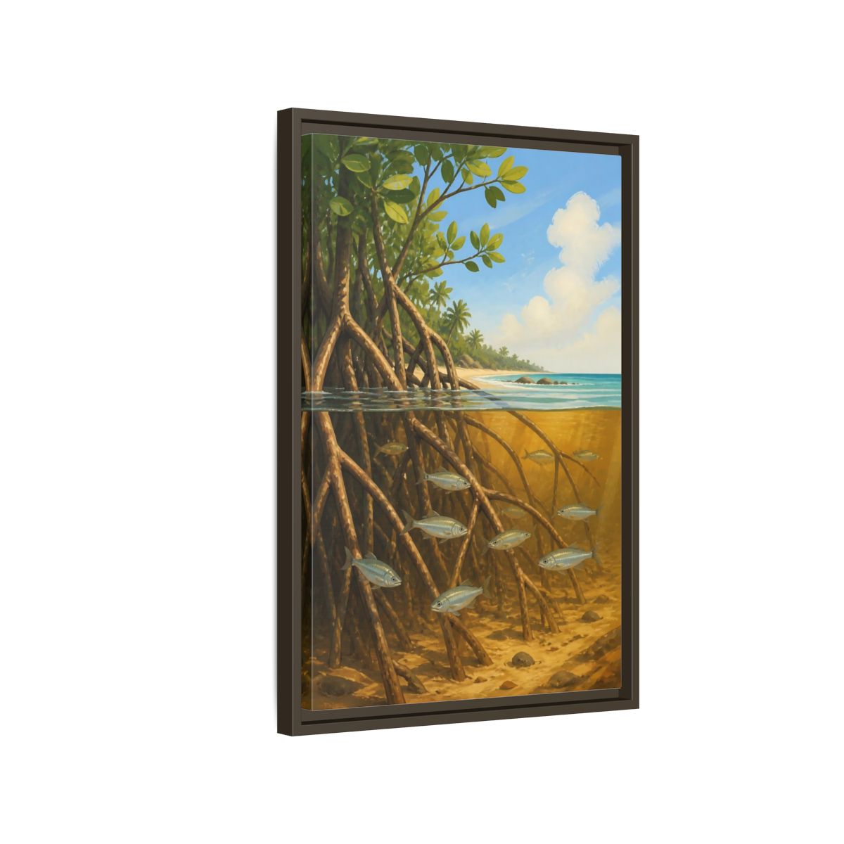Side Mockup 2. Coastal Mangrove Roots shown as framed canvas print