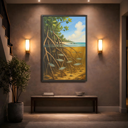 Mockup 2. Coastal Mangrove Roots shown as framed canvas print