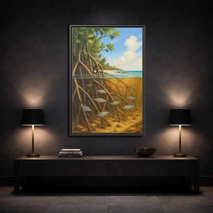 Mockup 3. Coastal Mangrove Roots shown as framed canvas print