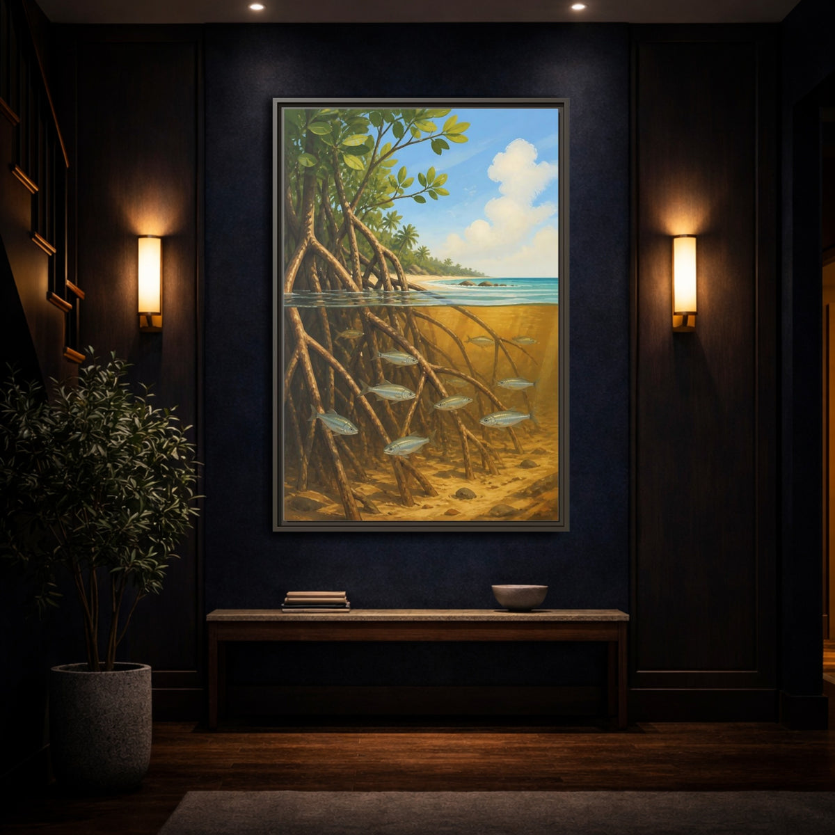 Mockup 4. Coastal Mangrove Roots shown as framed canvas print