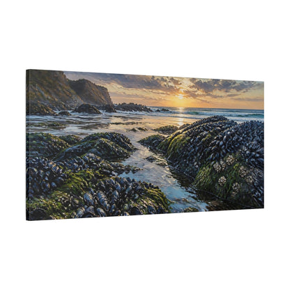 Main Mockup. Coastal Mussel Rocks At Sunset shown as canvas print