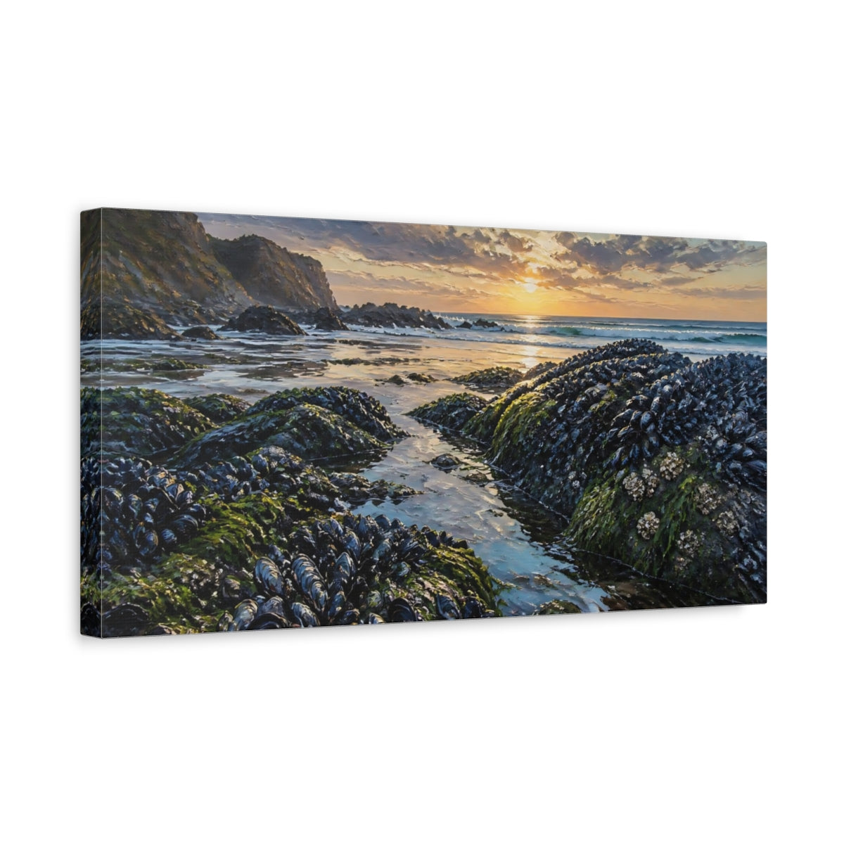 Side Mockup 3. Coastal Mussel Rocks At Sunset shown as canvas print