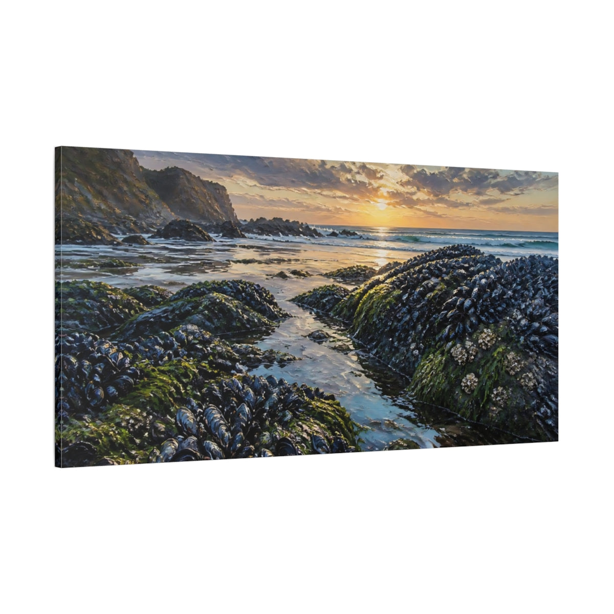 Side Mockup 2. Coastal Mussel Rocks At Sunset shown as canvas print