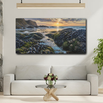 Mockup 2. Coastal Mussel Rocks At Sunset shown as canvas print
