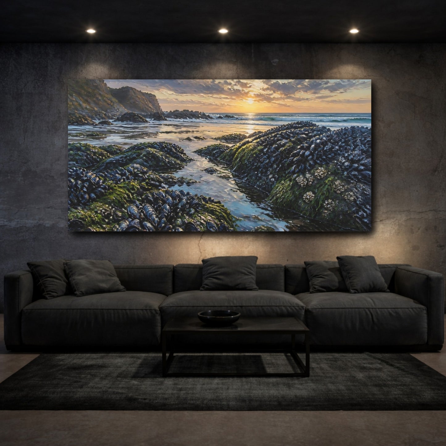 Mockup 3. Coastal Mussel Rocks At Sunset shown as canvas print