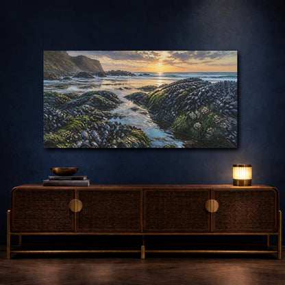 Mockup 4. Coastal Mussel Rocks At Sunset shown as canvas print