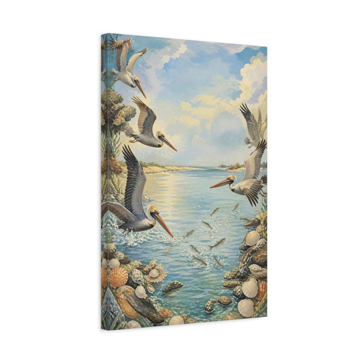 Side Mockup 3. Coastal Pelicans In Flight shown as canvas print