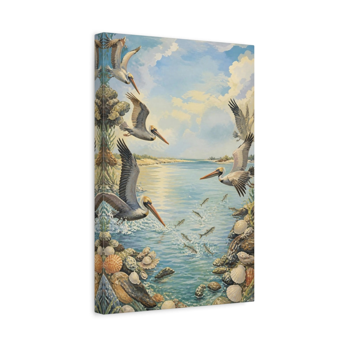 Side Mockup 4. Coastal Pelicans In Flight shown as canvas print