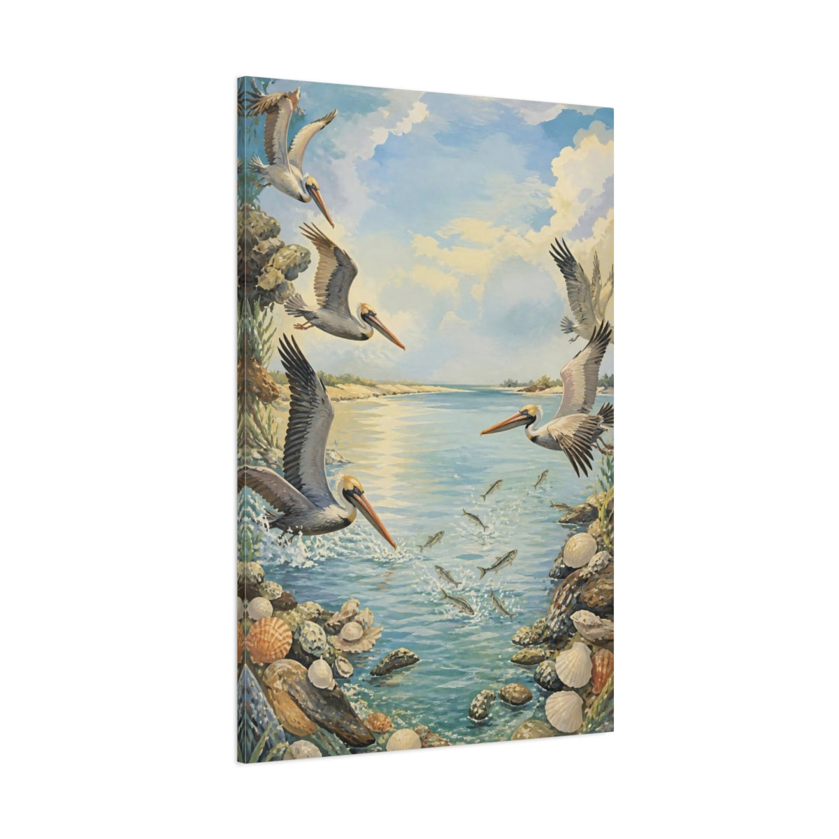 Side Mockup 1. Coastal Pelicans In Flight shown as canvas print