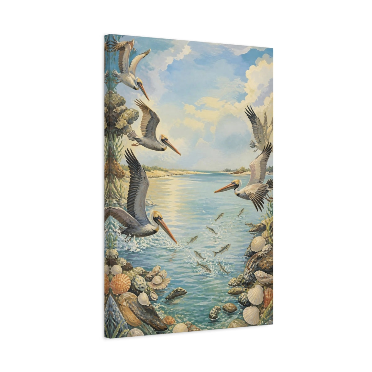 Side Mockup 2. Coastal Pelicans In Flight shown as canvas print