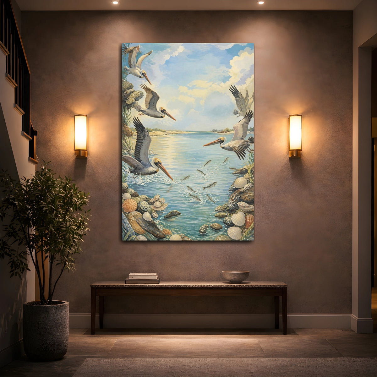 Mockup 2. Coastal Pelicans In Flight shown as canvas print
