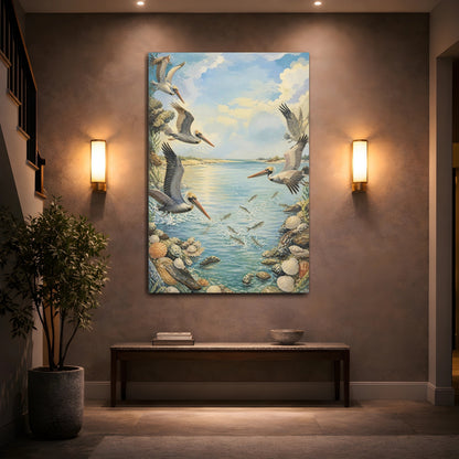 Mockup 2. Coastal Pelicans In Flight shown as canvas print