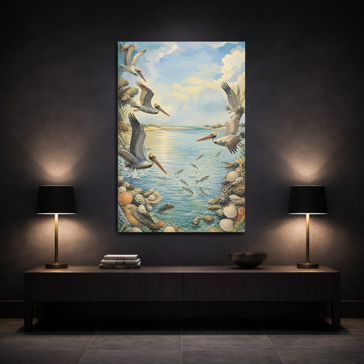 Mockup 3. Coastal Pelicans In Flight shown as canvas print