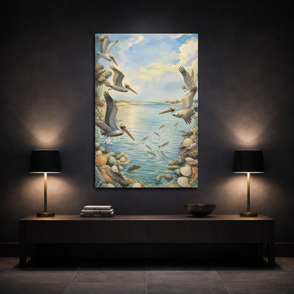 Mockup 3. Coastal Pelicans In Flight shown as canvas print