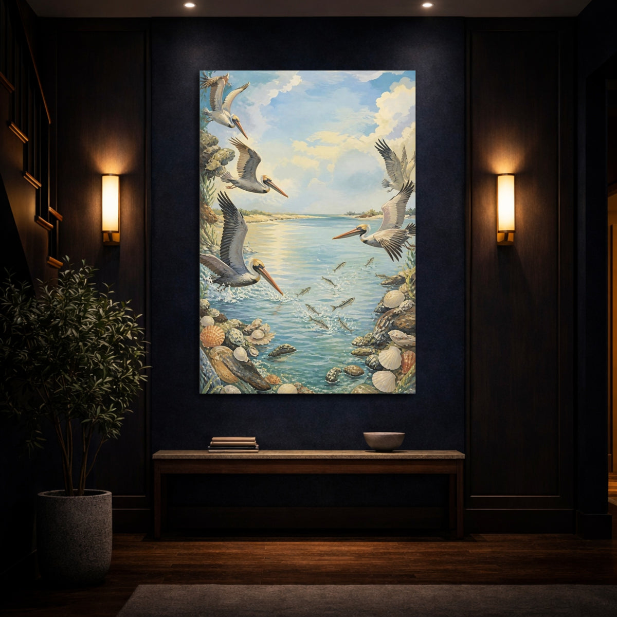 Mockup 4. Coastal Pelicans In Flight shown as canvas print
