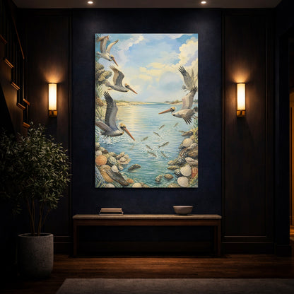 Mockup 4. Coastal Pelicans In Flight shown as canvas print