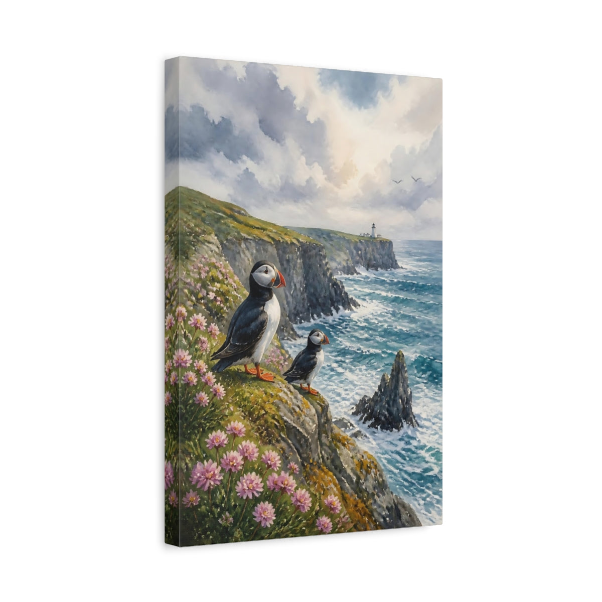 Side Mockup 4. Coastal Puffins On Cliffs shown as canvas print
