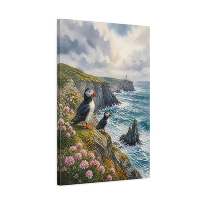 Side Mockup 2. Coastal Puffins On Cliffs shown as canvas print