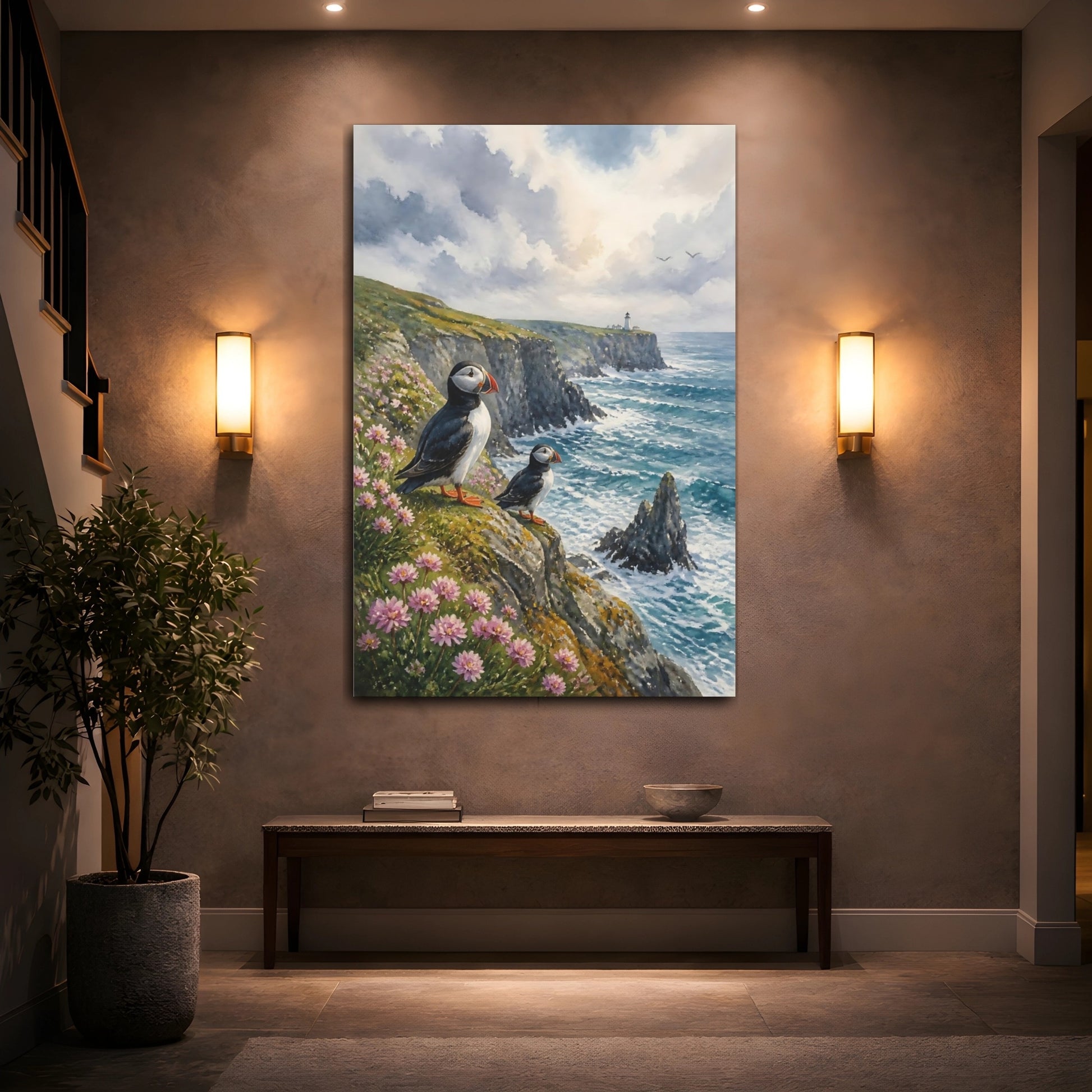 Mockup 2. Coastal Puffins On Cliffs shown as canvas print