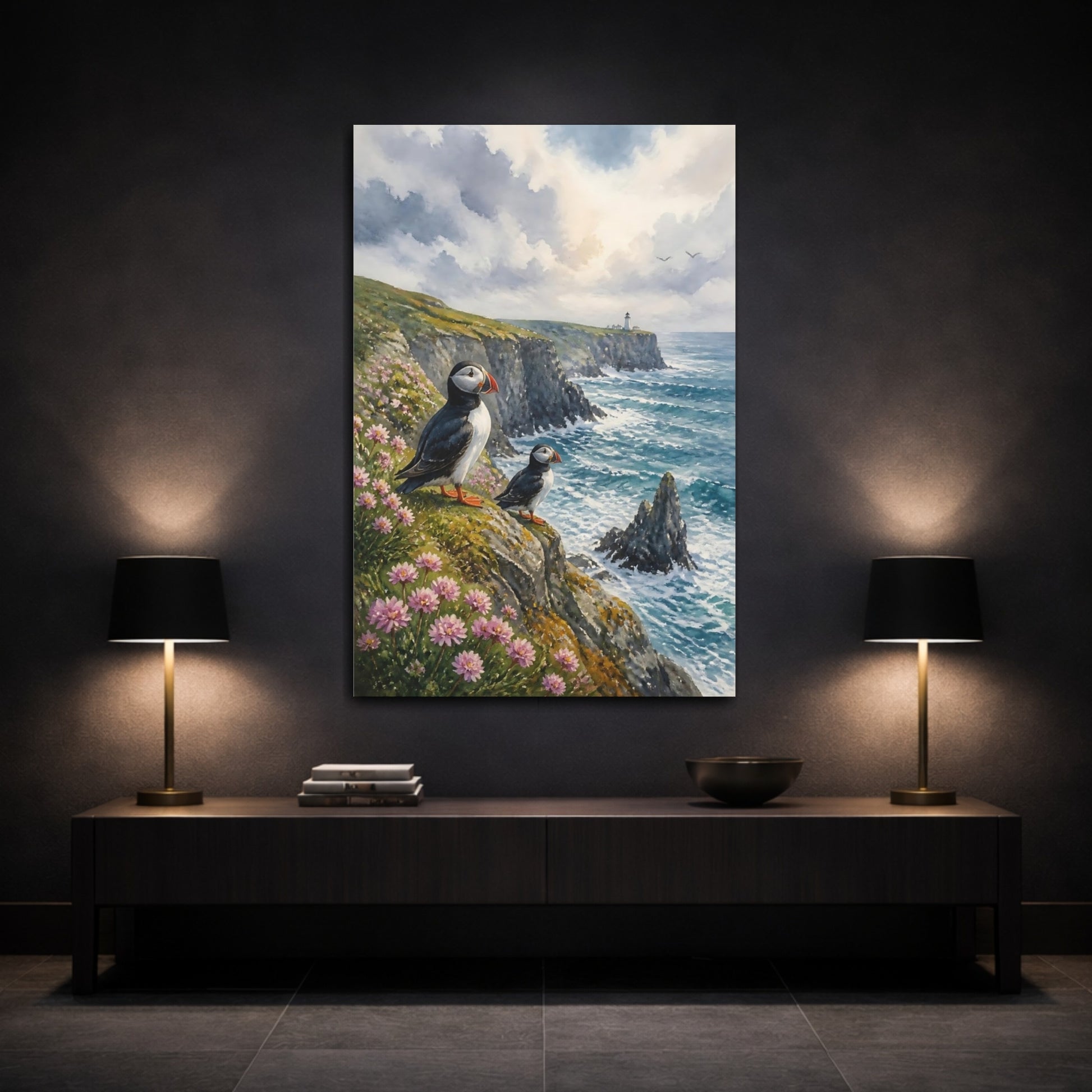 Mockup 3. Coastal Puffins On Cliffs shown as canvas print