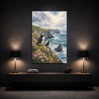 Mockup 3. Coastal Puffins On Cliffs shown as canvas print