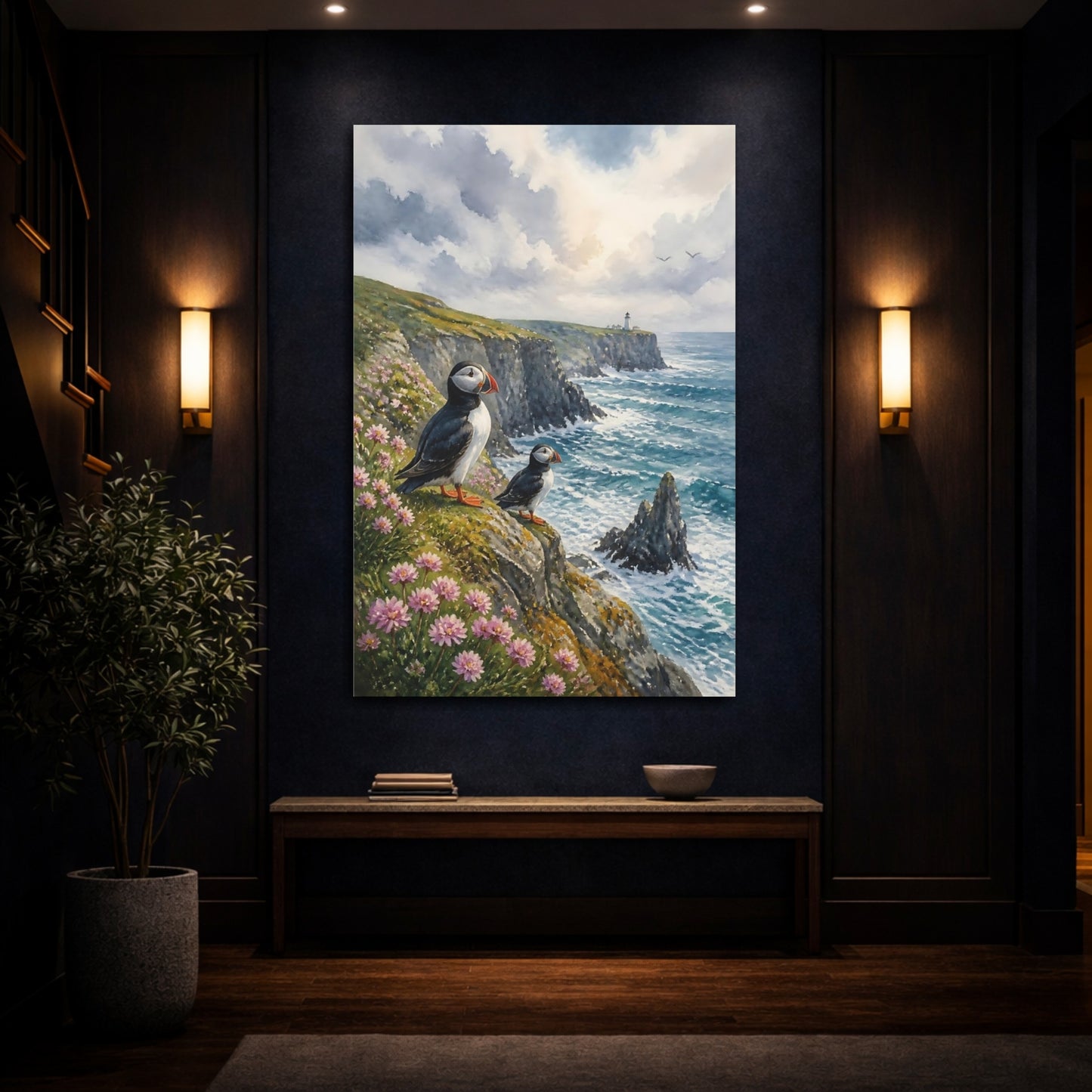 Mockup 4. Coastal Puffins On Cliffs shown as canvas print