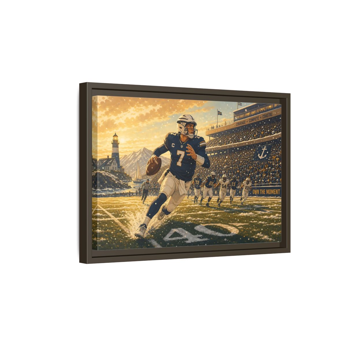 Side Mockup 5. Coastal Quarterback In Action shown as framed canvas print
