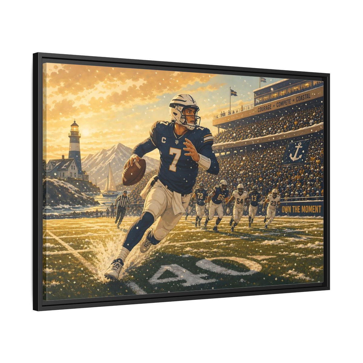 Side Mockup 13. Coastal Quarterback In Action shown as framed canvas print