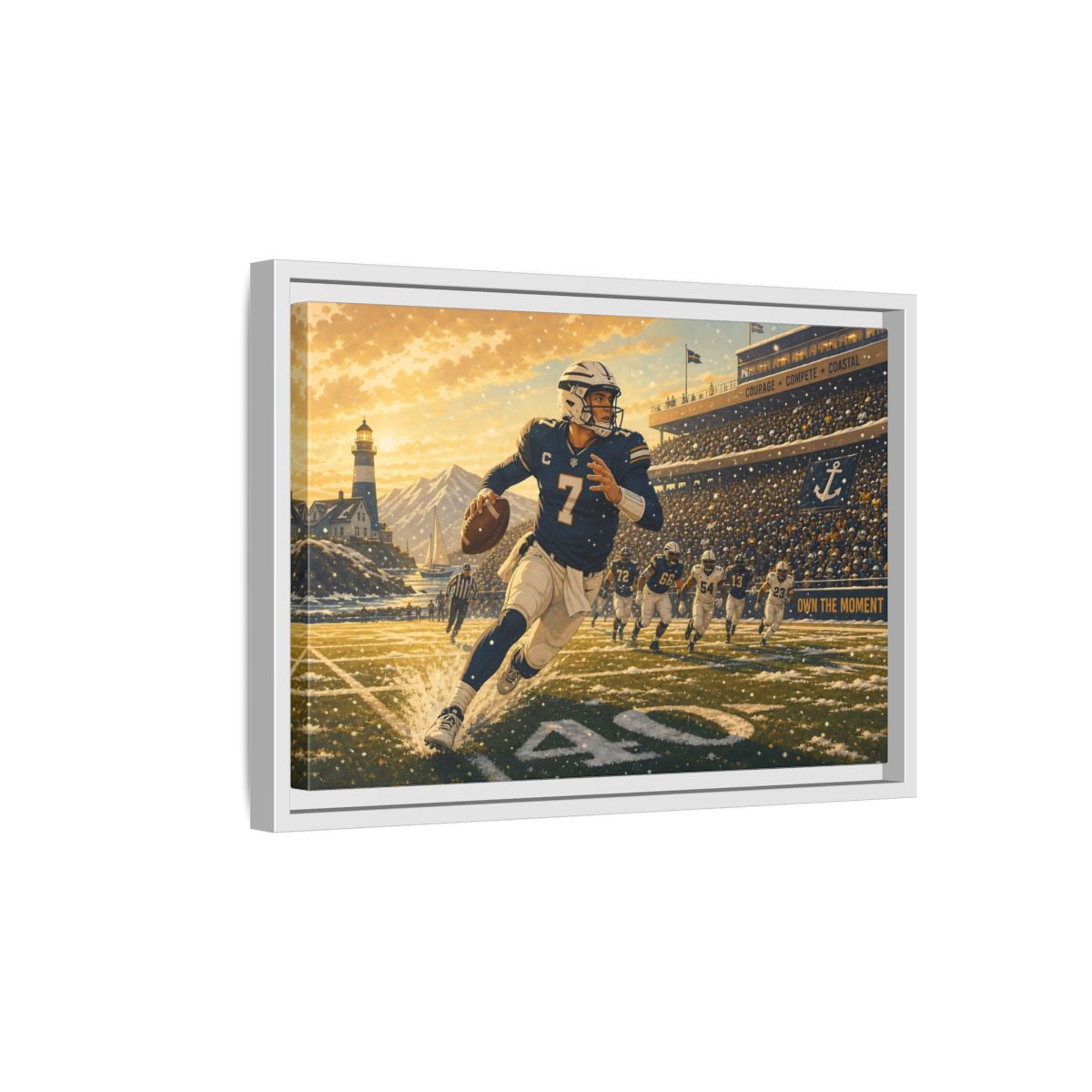 Side Mockup 4. Coastal Quarterback In Action shown as framed canvas print