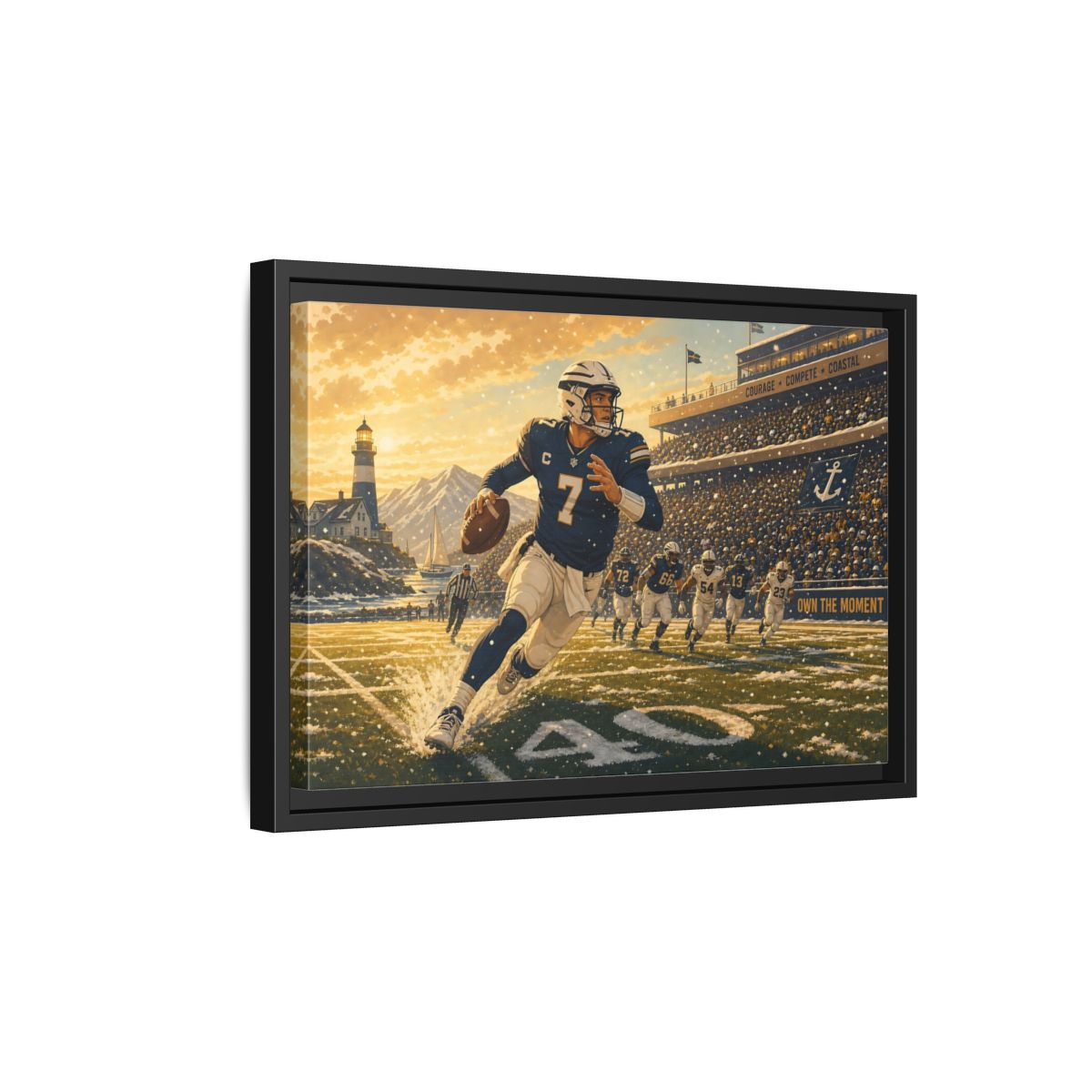 Side Mockup 6. Coastal Quarterback In Action shown as framed canvas print