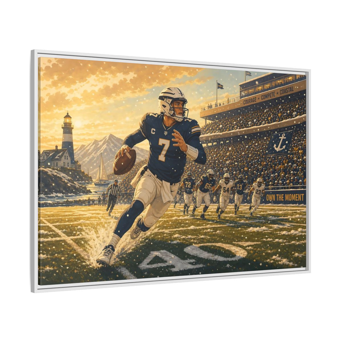 Side Mockup 7. Coastal Quarterback In Action shown as framed canvas print