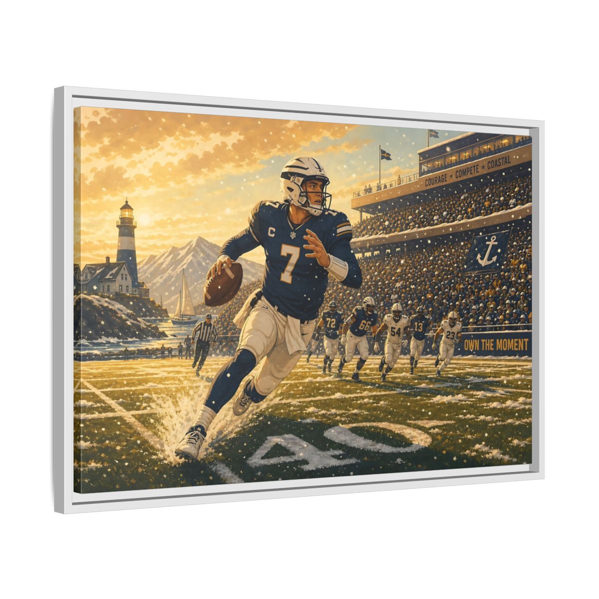 Side Mockup 10. Coastal Quarterback In Action shown as framed canvas print