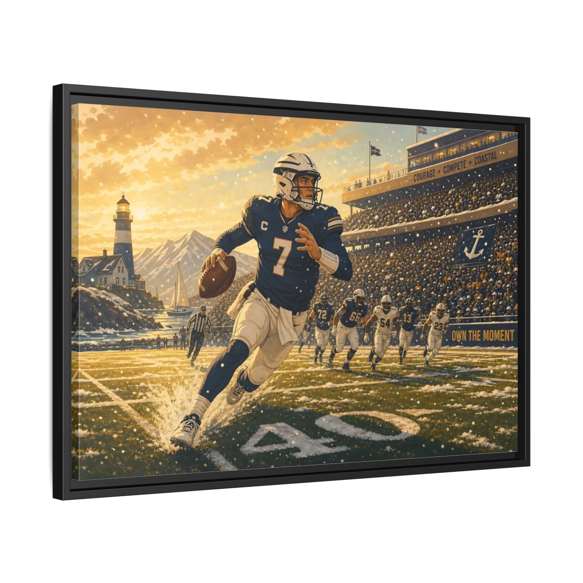 Side Mockup 14. Coastal Quarterback In Action shown as framed canvas print